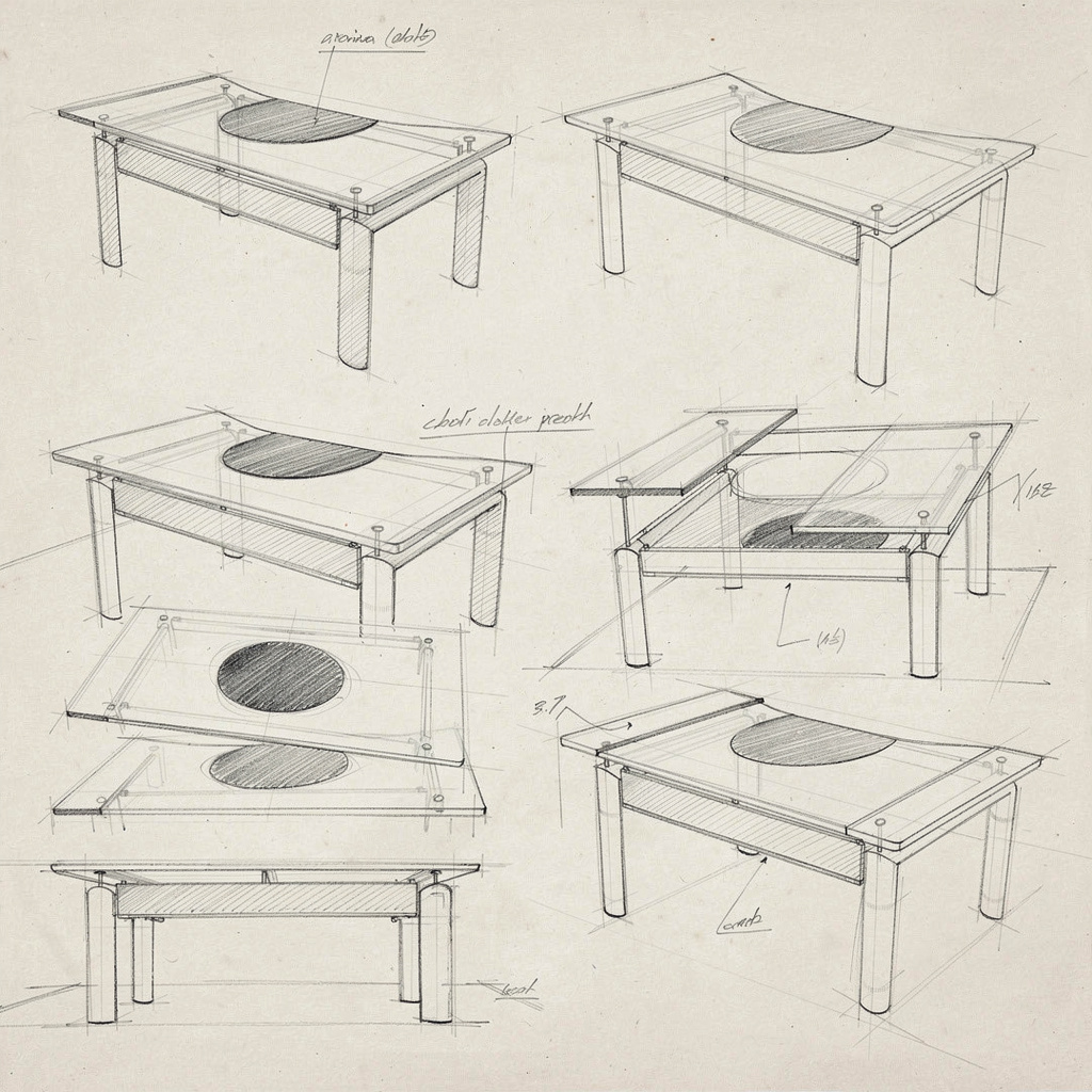 Pencil sheet studying the desk in several views, with the sliding surface drawn open