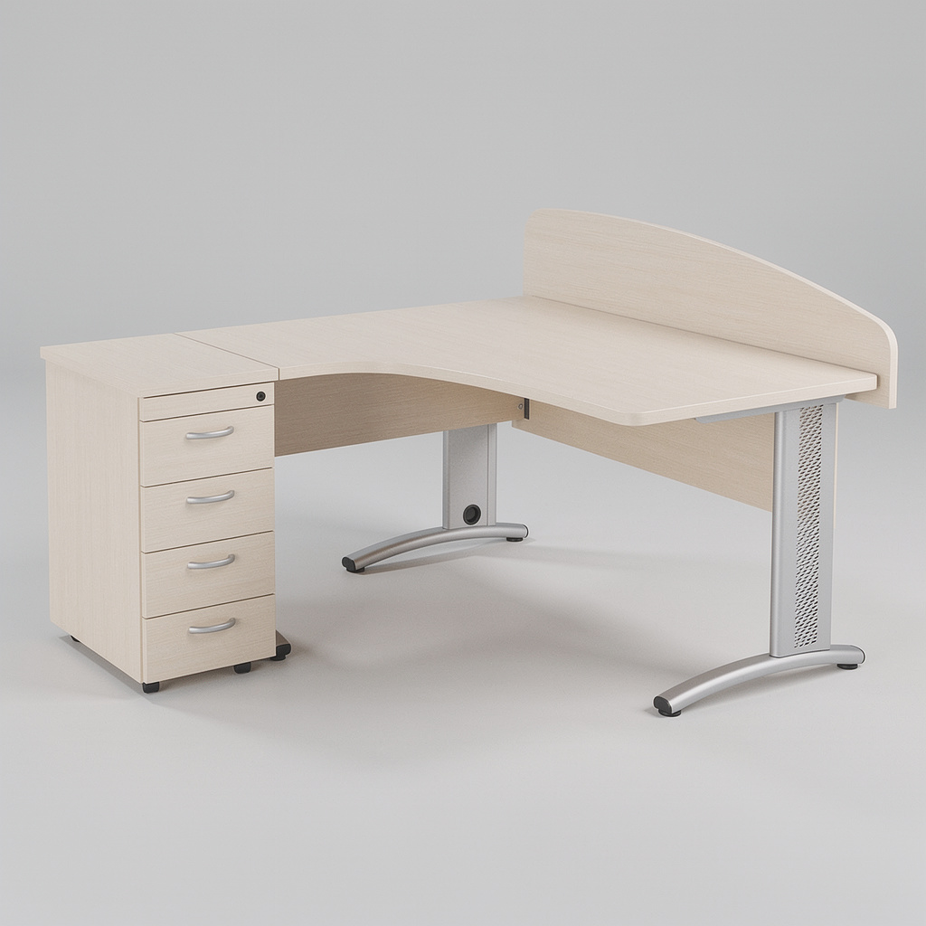 Expo workstation with a curved worktop, raised back screen and a four-drawer pedestal