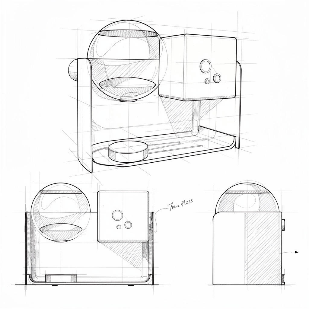 Sheet of construction sketches showing the machine in perspective and two section views