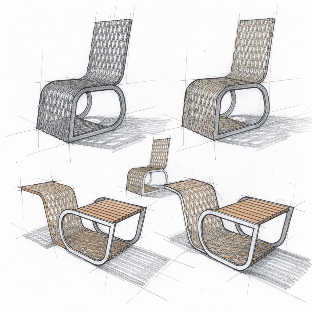Coloured sketch sheet showing the seat beside its longer, slatted version