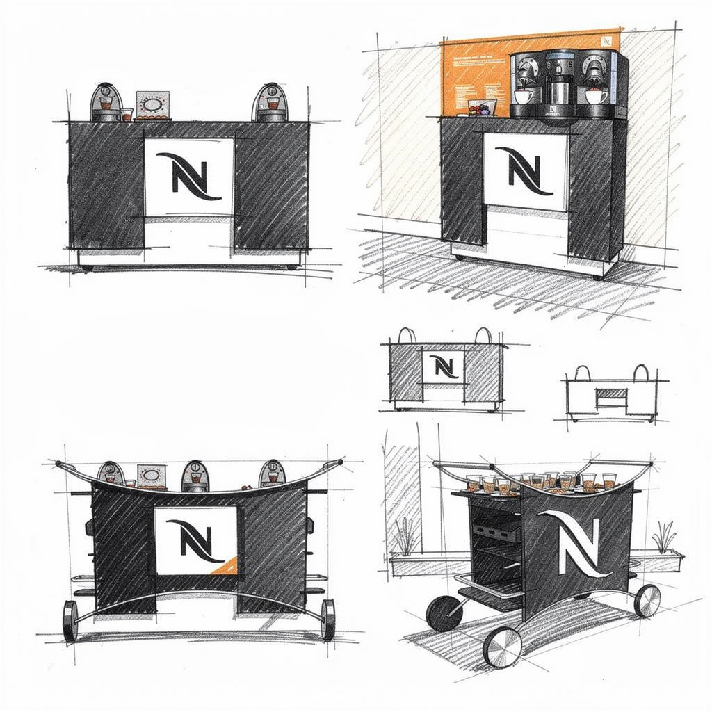 Sketch sheet moving from the counter to a wheeled cart with a curved rail and open shelves