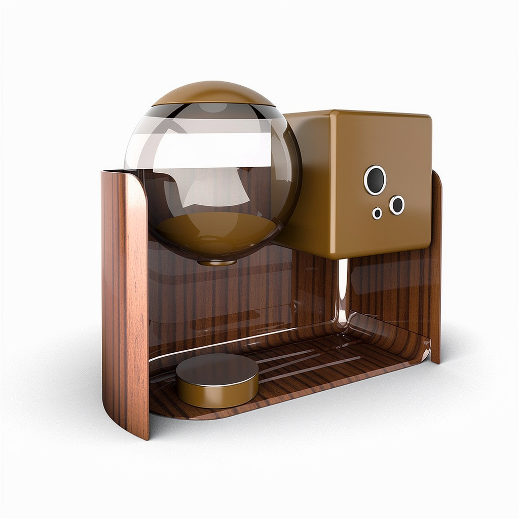 Coffee machine with a curved wood surround, a glass sphere and a brass-toned block