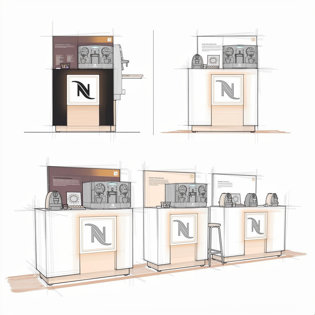 Line drawing sheet with front elevations and perspectives of the counter units