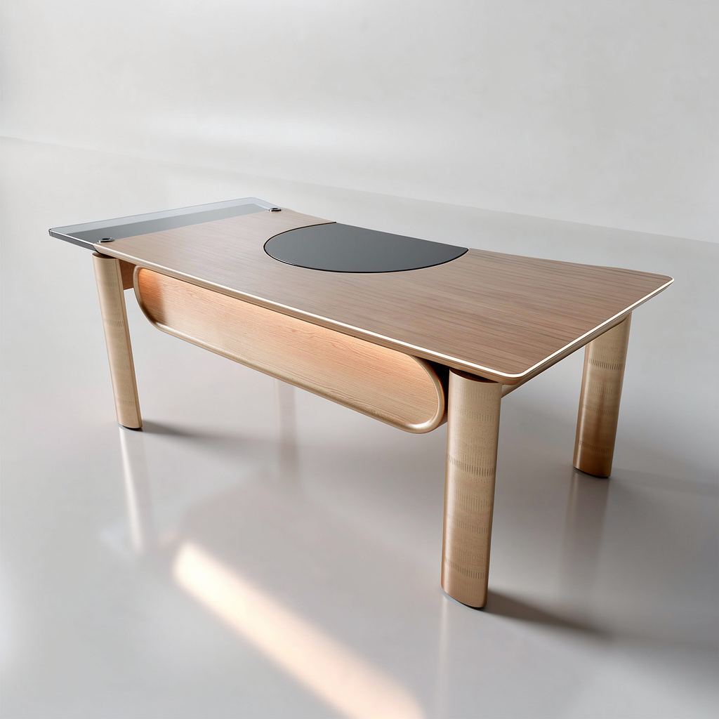 The desk with the curved wood panel visible beneath the top