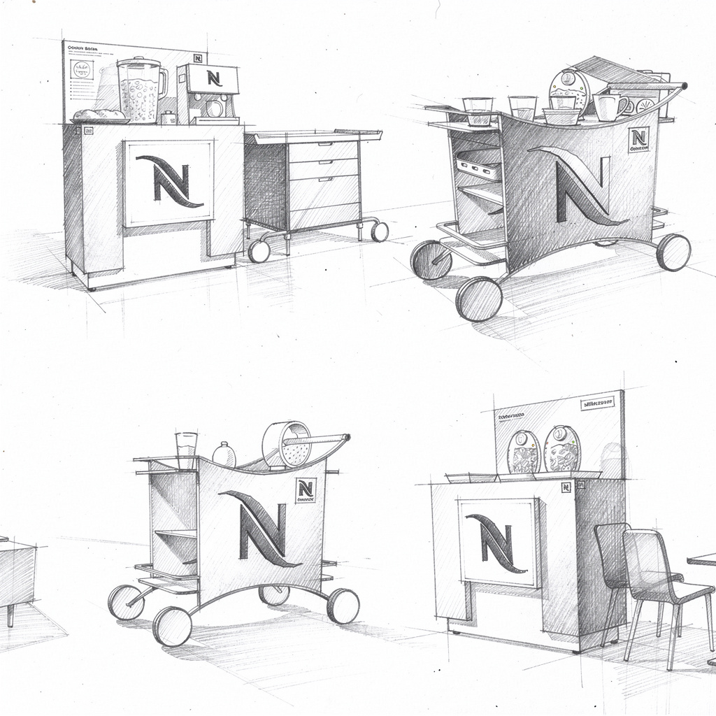 Pencil sheet showing counter, pedestal and cart variants side by side