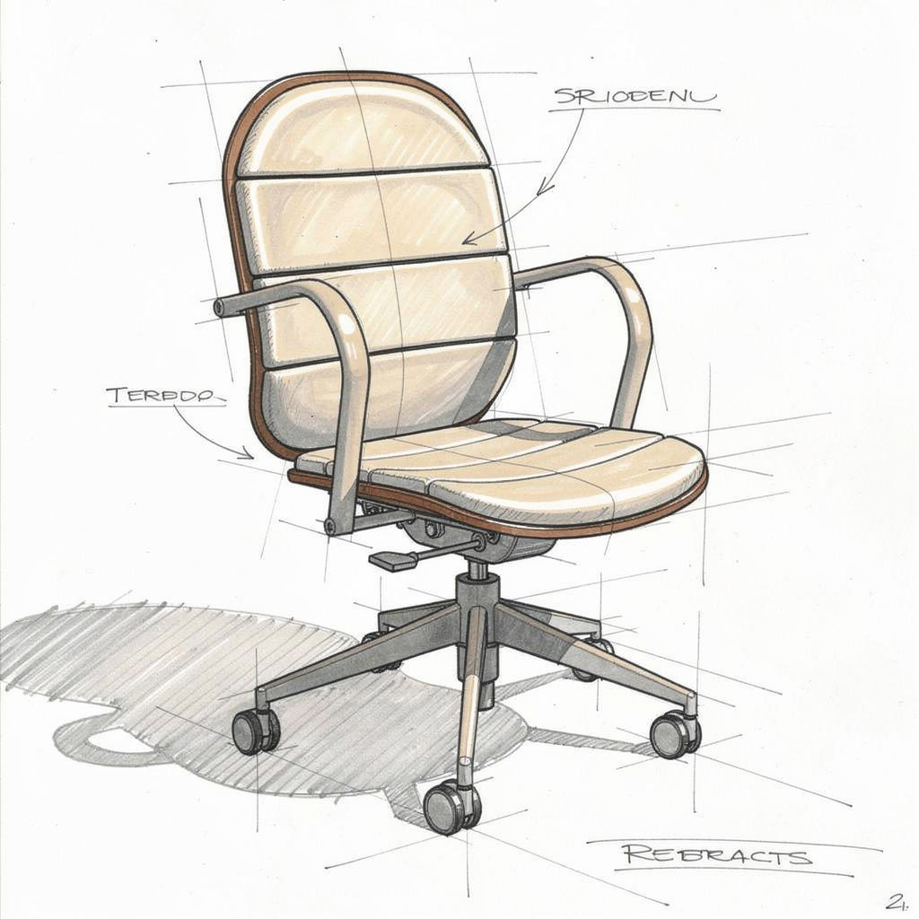 Annotated sketch of the chair with notes on the back and the base
