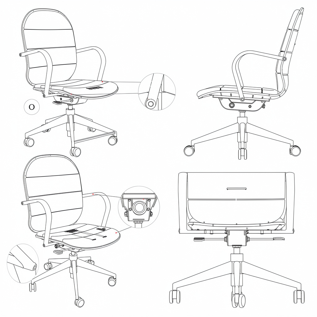 Line drawings of the chair with details of the guides and the base