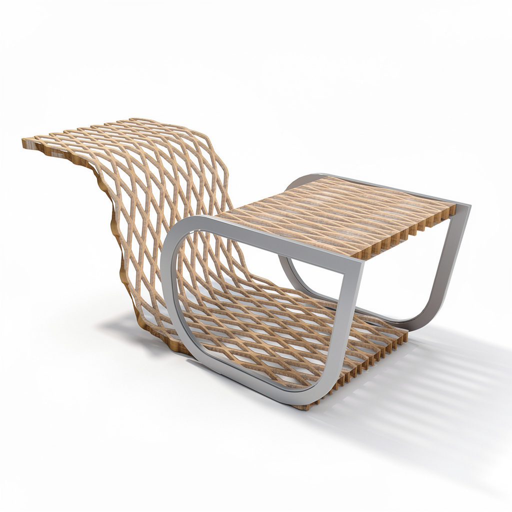 Longer version of the seat, the woven surface continuing into a slatted extension