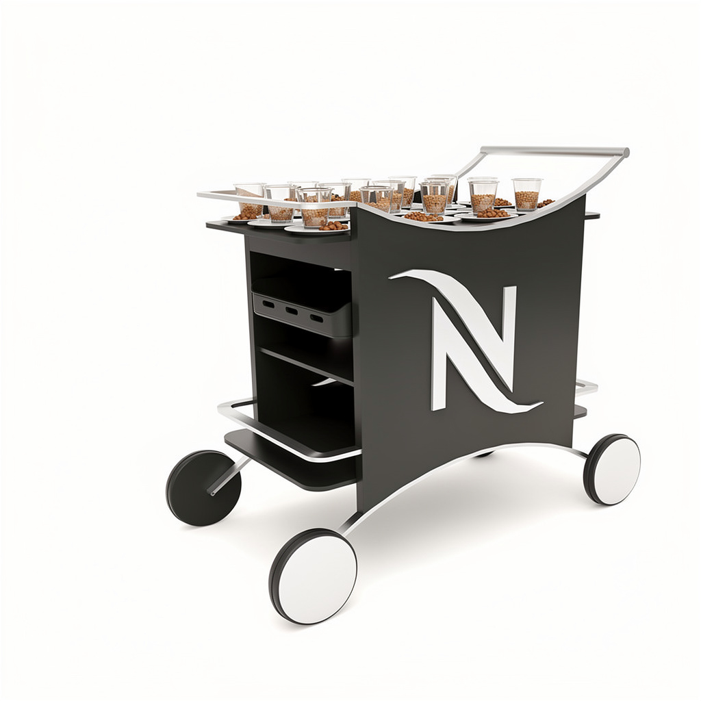 Dark mobile serving cart with a curved rail, tasting cups on the top tray, open shelves and four wheels