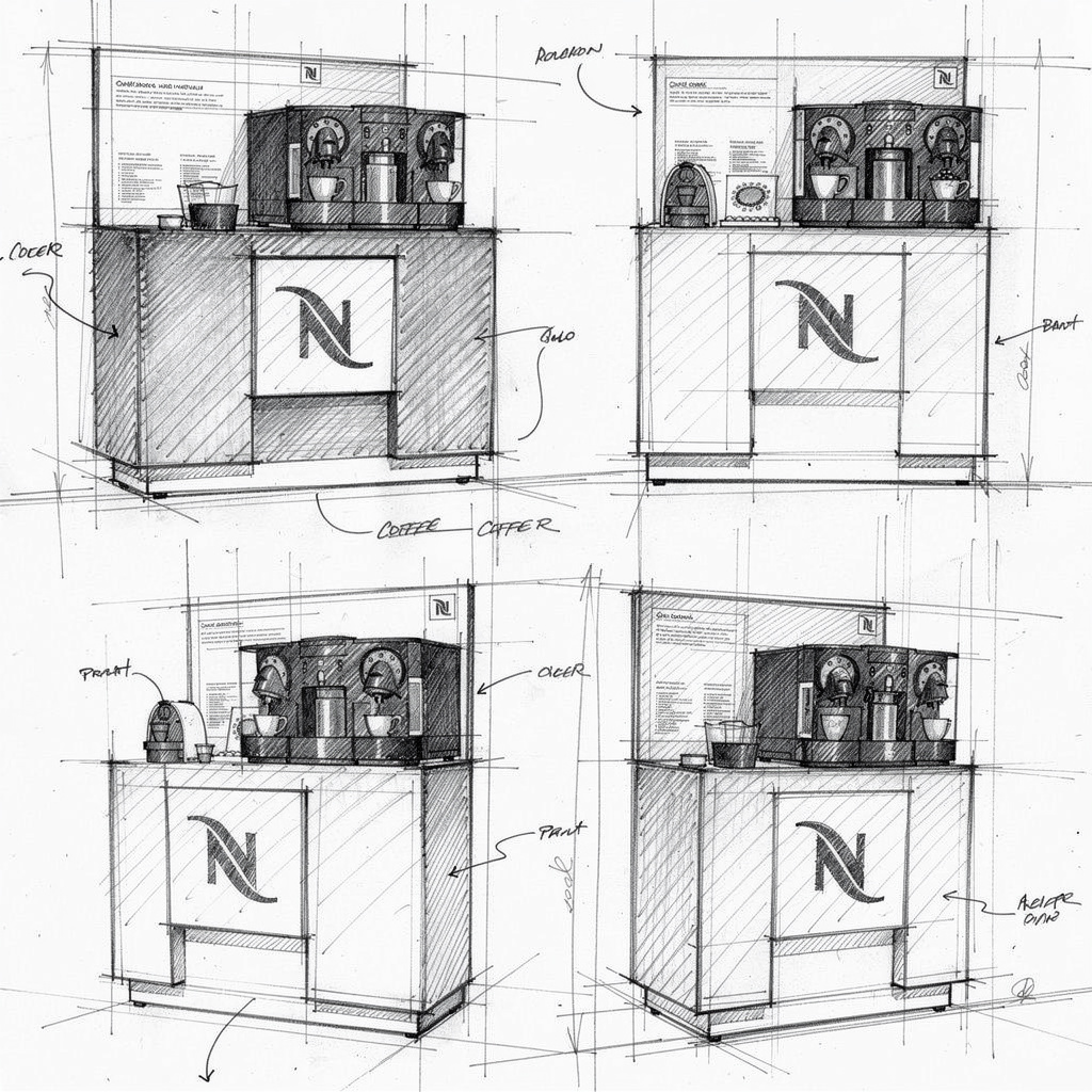 Annotated pencil sheet showing four counter studies with machines, panel and plinth notes