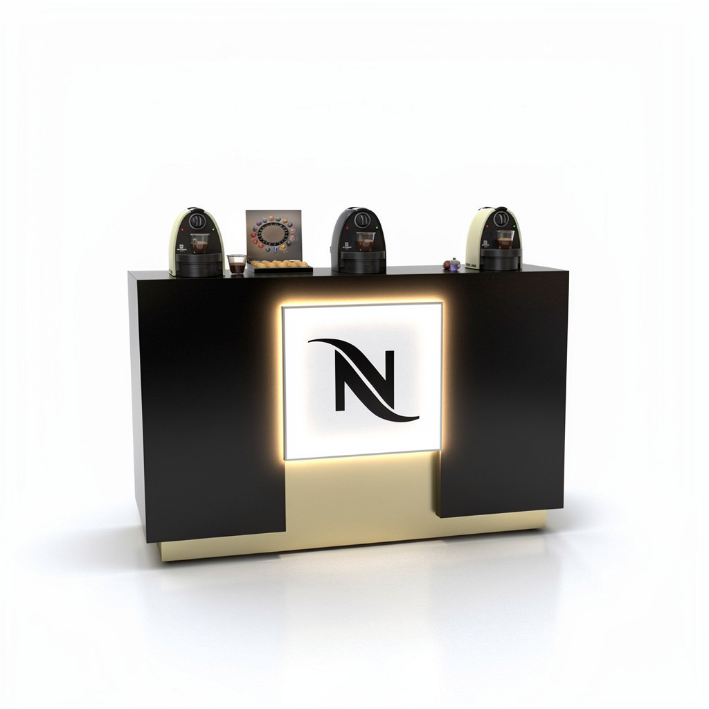 Dark point-of-sale counter with an illuminated logo panel, a brass-toned plinth and three coffee machines on top