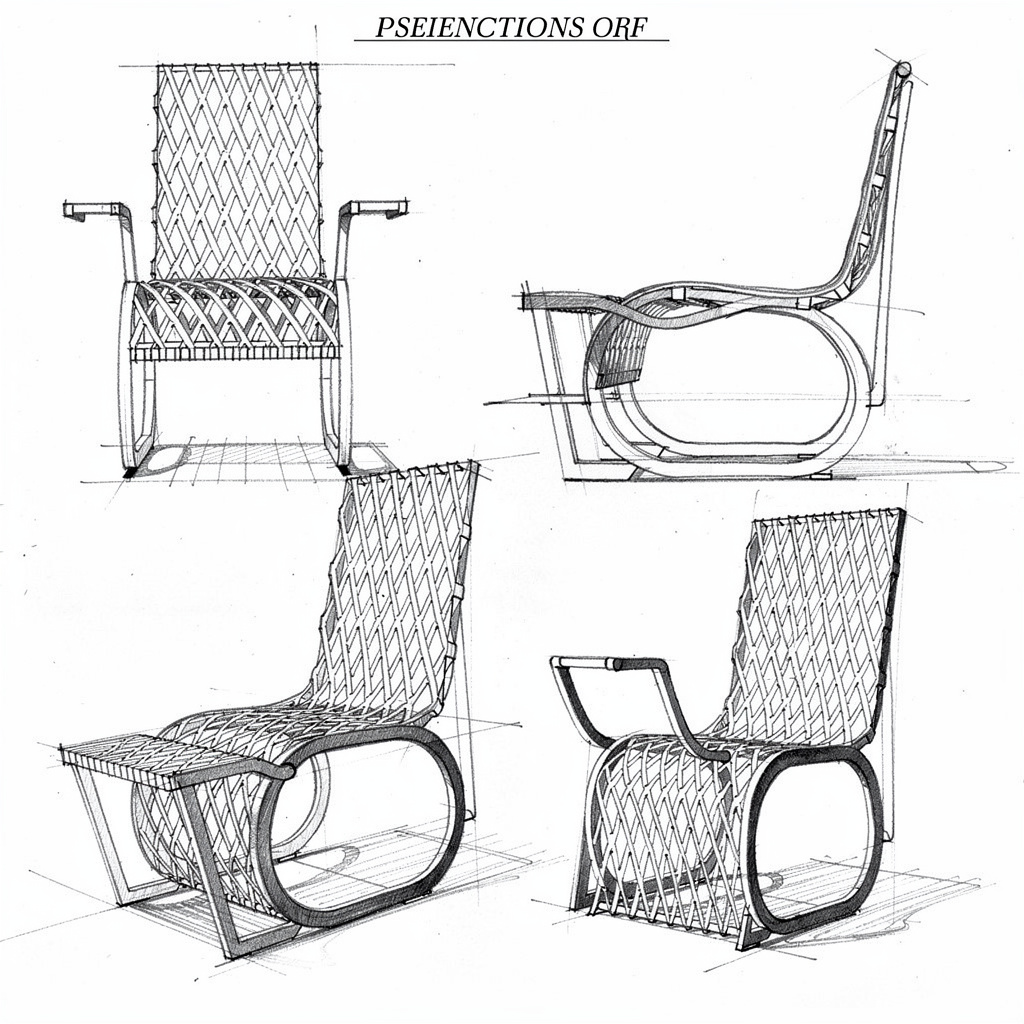 Line drawing sheet with front, side and two perspective views, including an armed version