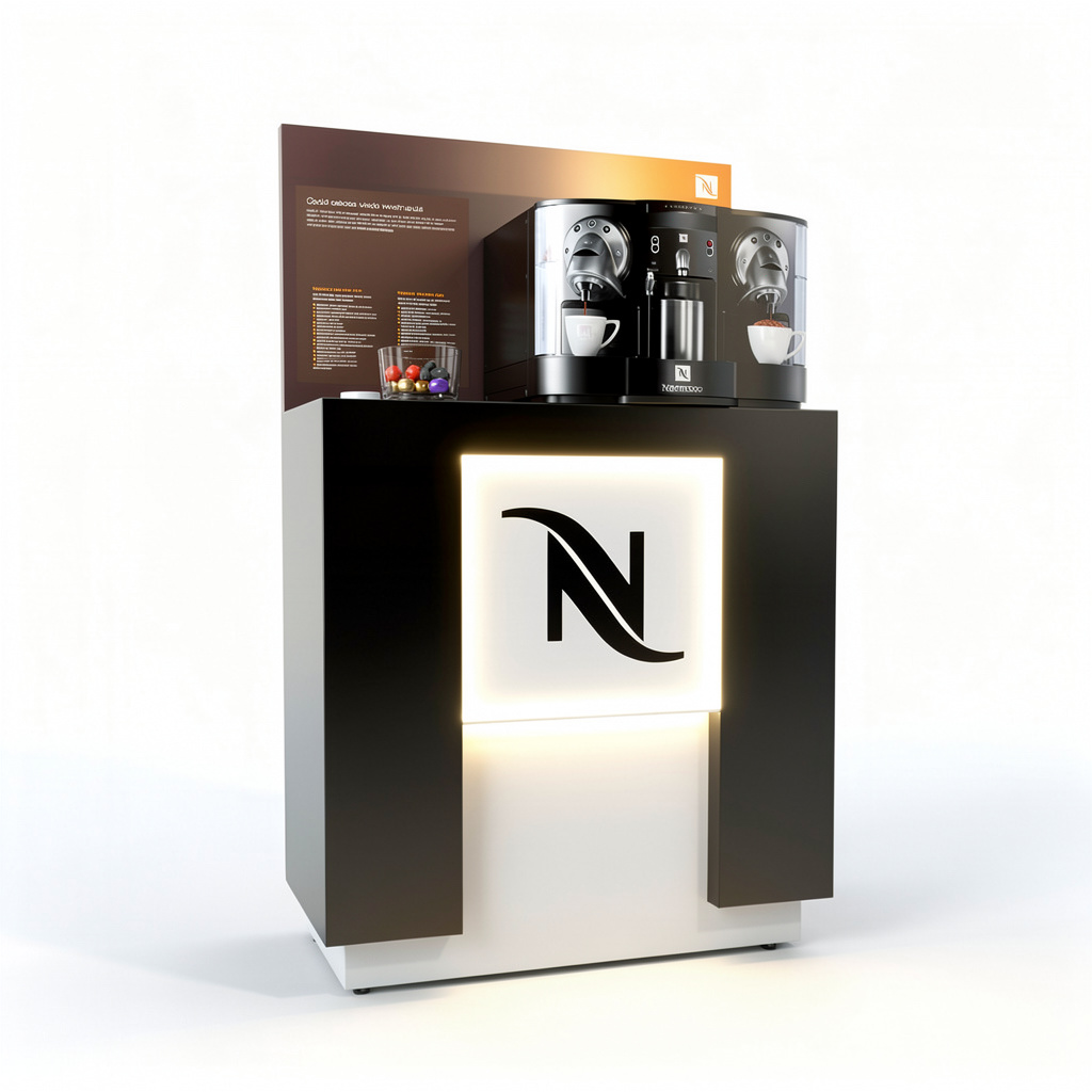 Point-of-sale counter with a raised information backwall, illuminated logo panel and two machines