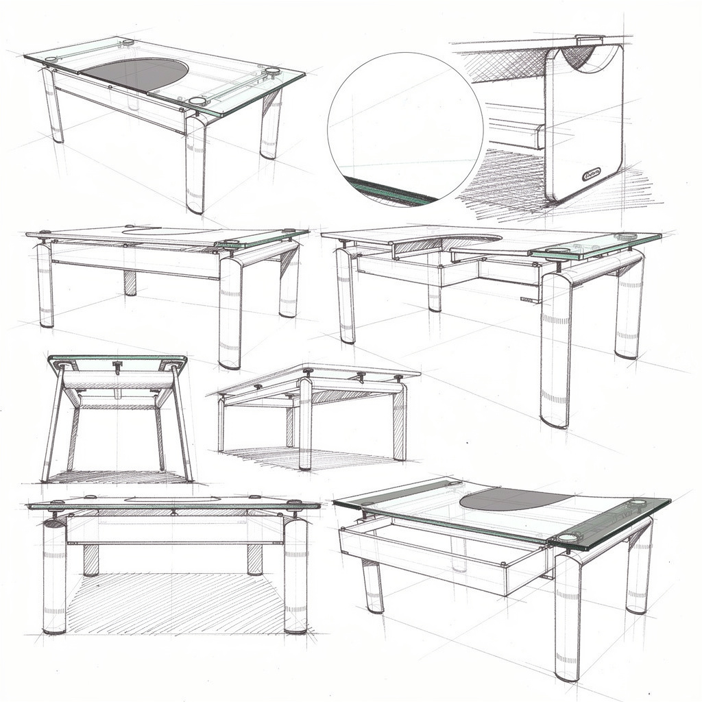 Concept sheet with construction views and a circled detail of the glass edge