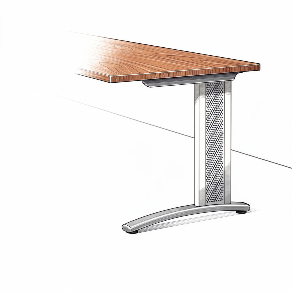 Coloured sketch of the desk seen from below the edge, showing a wood top and a perforated column leg