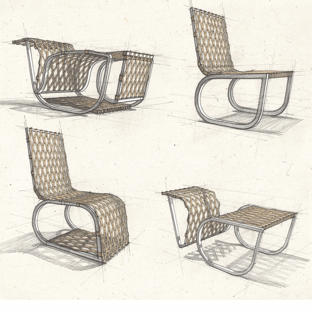 Coloured sketch sheet showing four variations of the seat in perspective