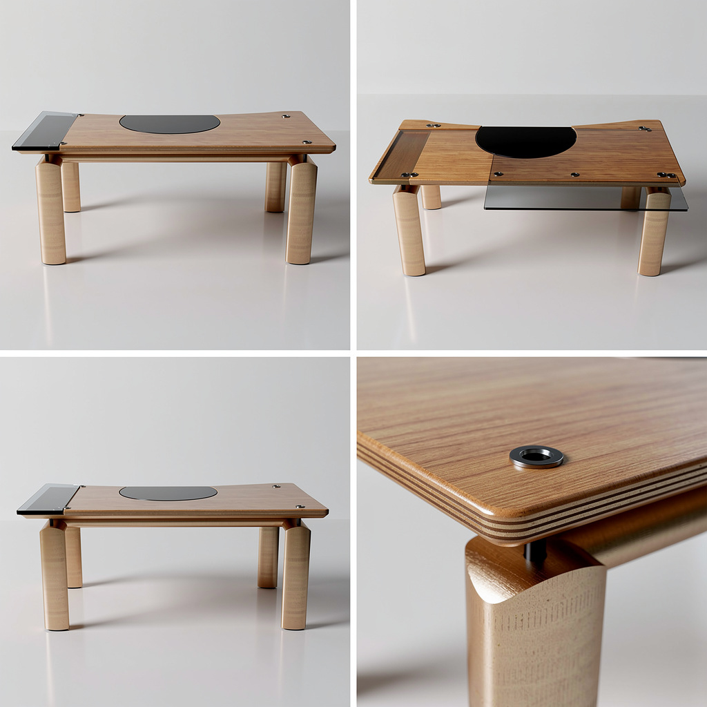 Four views of the desk including a close view of the layered edge and leg junction